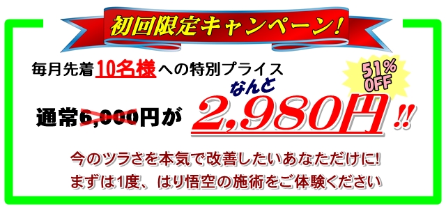 初回限定キャンペーン毎月先着10名様への特別プライスなんと通常6,000円がなんと2,980円
